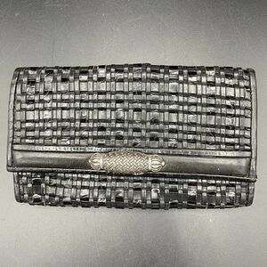 Brighton Black Leather Woven Bifold French Checkbook Wallet Silver Embellishment